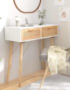 vidaXL Конзолна маса бяла 80x30x75 см бор масив и естествен ратан