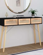 vidaXL Конзолна маса черна 105x30x75 см бор масив и естествен ратан