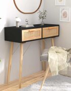 vidaXL Конзолна маса черна 80x30x75 см бор масив и естествен ратан