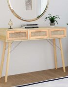 vidaXL Конзолна маса кафява 105x30x75 см бор масив и естествен ратан