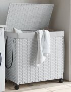 vidaXL Кош за пране с колела бял 60x35x605 см ратан