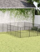 vidaXL Кошара за кучета с 16 панела черна поцинкована стомана