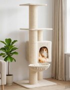 vidaXL Котешко дърво с юта за драскане Кремаво 137 cm