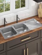 vidaXL Кухненска мивка двойно корито цедка и сифон неръждаема стомана