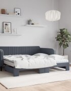 vidaXL Кушетка с разтегателен диван и матраци тъмносива 90x190 см кадифена