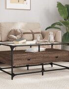 vidaXL Маса за кафе със стъклен плот кафяв дъб 985x50x45см стомана