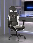vidaXL Масажен гейминг стол с опора за крака черно-бял изкуствена кожа