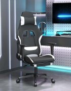 vidaXL Масажен гейминг стол с опора за крака черно и бяло плат