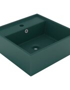 vidaXL Мивка с преливник лукс квадрат тъмнозелен мат 41x41 см керамика