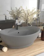 vidaXL Мивка с преливник лукс овал светлосив мат 585x39 см керамика