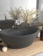 vidaXL Мивка с преливник лукс овал тъмносив мат 585x39 см керамика