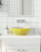 vidaXL Мивка за плот бяло и жълто кръгла Φ41x14 см керамика
