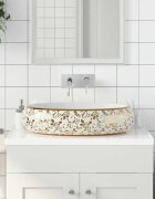 vidaXL Мивка за плот бяло и златисто овална 59x40x15 см керамика