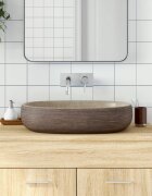 vidaXL Мивка за плот пясъчно и кафяво овална 59x40x14 см керамика
