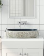 vidaXL Мивка за плот пясъчно и синьо овална 59x40x14 см керамика