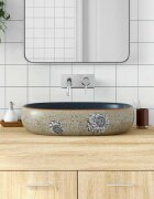 vidaXL Мивка за плот пясъчно и синьо овална 59x40x14 см керамика