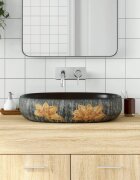 vidaXL Мивка за плот сиво и черно овална 59x40x14 см керамика