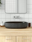vidaXL Мивка за плот сиво и черно овална 59x40x14 см керамика
