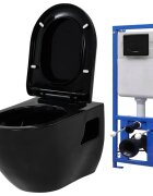 vidaXL Окачена тоалетна чиния със скрито казанче керамична черна