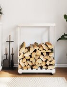 vidaXL Поставка за дърва с колелца бяла 765x40x108 см бор масив