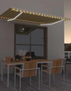 vidaXL Ръчно прибиращ се сенник с LED 450x300 см жълто и бяло