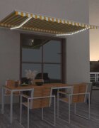 vidaXL Ръчно прибиращ се сенник с LED 450x350 см жълто и бяло