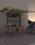 vidaXL Ръчно прибиращ се сенник с LED 500x300 см жълто и бяло