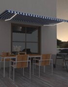 vidaXL Ръчно прибиращ се сенник с LED 500x350 см синьо и бяло