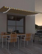 vidaXL Ръчно прибиращ се сенник с LED 500x350 см жълто и бяло