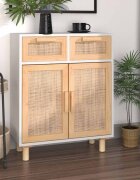 vidaXL Сайдборд бял 60x30x75 см бор масив и естествен ратан