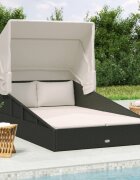 vidaXL Шезлонг със сгъваем покрив черен 200x114x128 см полиратан