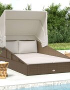 vidaXL Шезлонг със сгъваем покрив кафяв 200x114x128 см полиратан