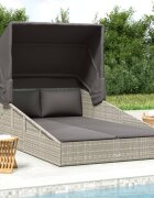 vidaXL Шезлонг със сгъваем покрив сив 200x114x128 см полиратан