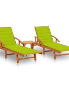 vidaXL Шезлонги 2 бр с маса и възглавници акациево дърво масив