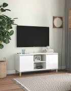 vidaXL ТВ шкаф с крака от масивно дърво бял гланц 1035x35x50 см