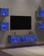 vidaXL ТВ стенни модули с LED 7 части бетонно сиви инженерно дърво