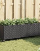 vidaXL Външен плантер с колела и 3 саксии черен 107x32x38 см полиратан