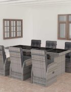 vidaXL Външен трапезен комплект от 7 части с възглавници полиратан сив