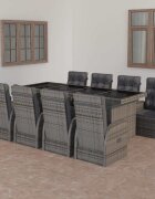 vidaXL Външен трапезен комплект от 9 части с възглавници полиратан сив