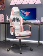 vidaXL Въртящ гейминг стол с опора за крака бяло-розов изкуствена кожа