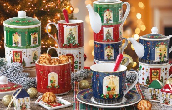 Easy Life Комплект от 4 порцеланови чаши 110 мл с бамбукови чинийки "Festive