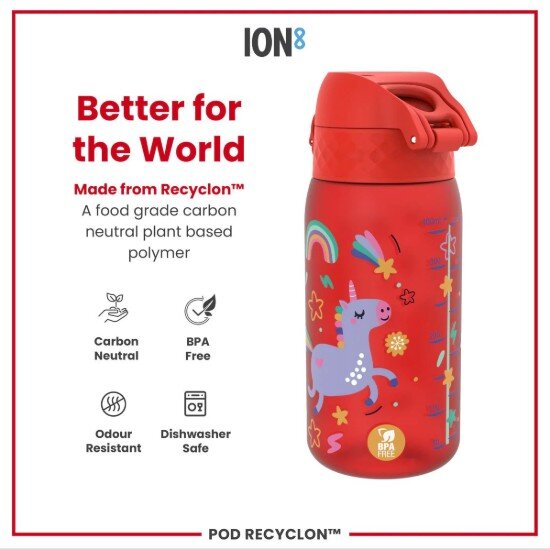Ion8 Детска бутилка за вода recyclon 350 мл Red Unicorns -