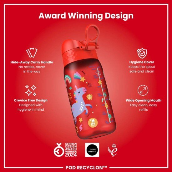 Ion8 Детска бутилка за вода recyclon 350 мл Red Unicorns -
