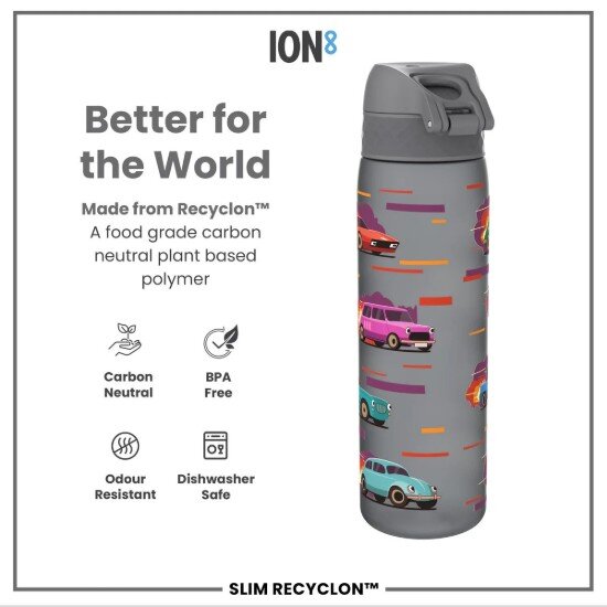 Ion8 Детска бутилка за вода SLIM recyclon 500 мл Sport Cars -