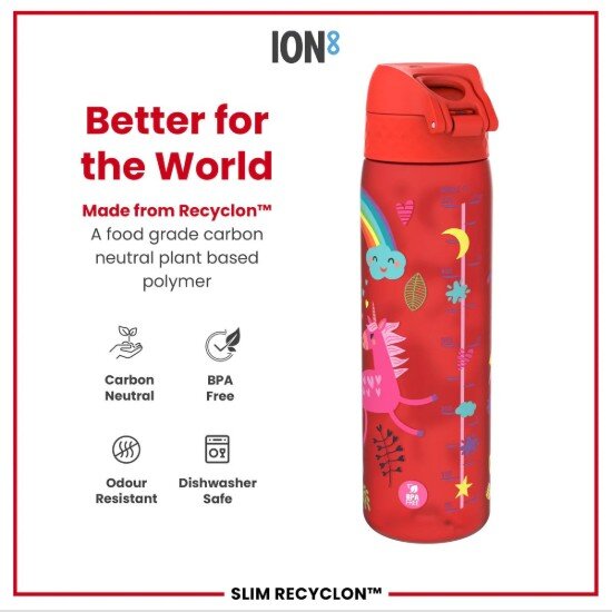Ion8 SLIM детска бутилка за вода рециклон 500 мл Red Unicorns -