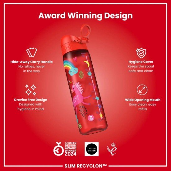 Ion8 SLIM детска бутилка за вода рециклон 500 мл Red Unicorns -