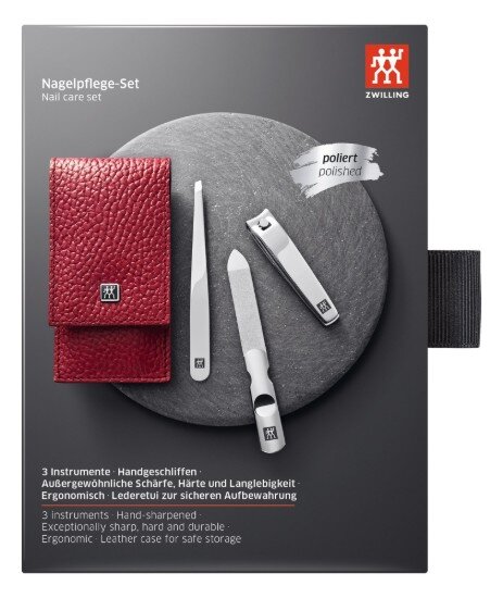 Zwilling Комплект за маникюр от 3 части кожен калъф с телчета червен - Zwilli