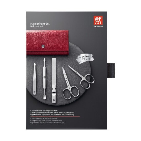 Zwilling Комплект за маникюр от 5 части кожен калъф червен Classic Inox - Zw