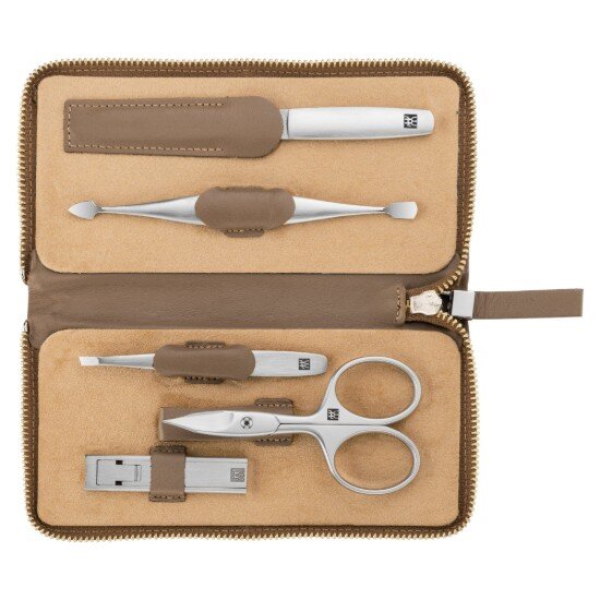 Zwilling Комплект за маникюр от 5 части никелирана стомана кафяв кожен калъф