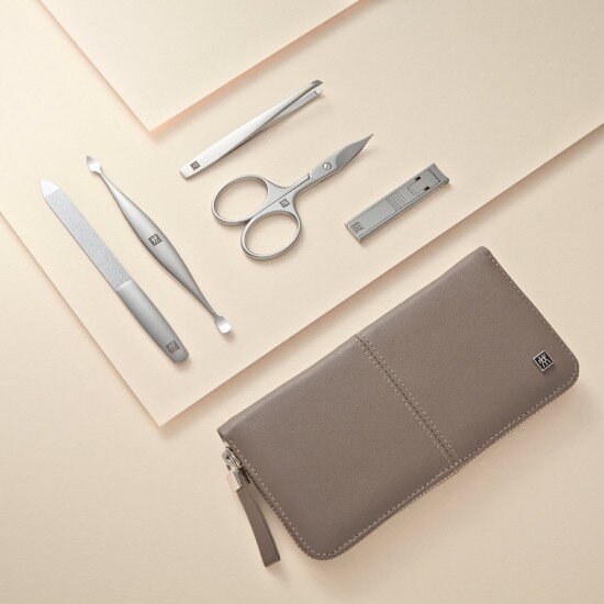 Zwilling Комплект за маникюр от 5 части никелирана стомана кафяв кожен калъф